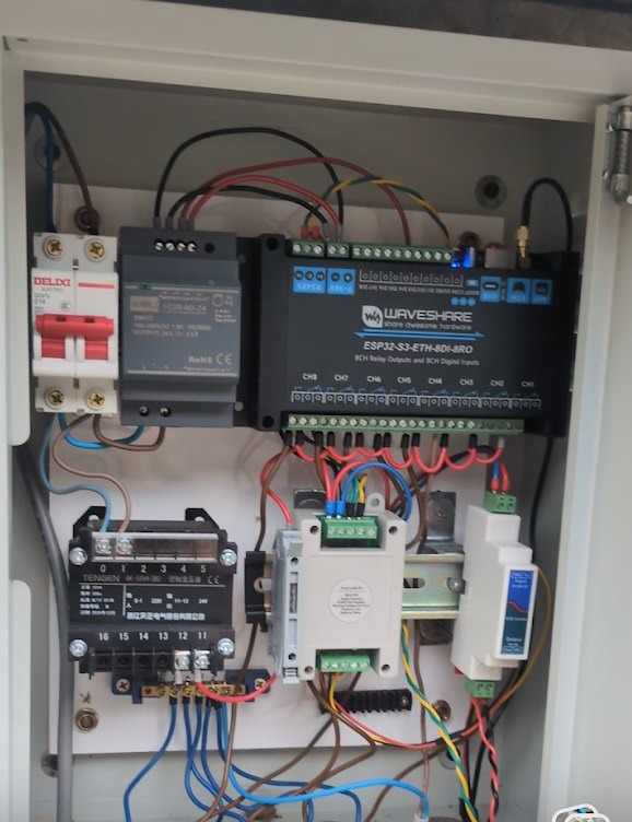Open control cabinet: ESP32 relay board, DIN-rail power supply and breaker