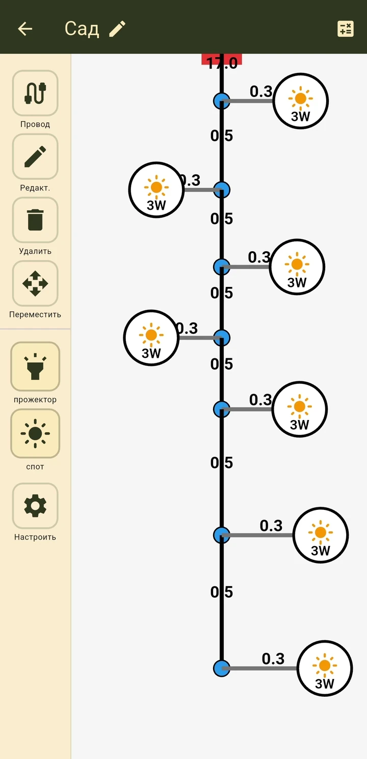 Garden Light Wire: the calculated schema with lengths