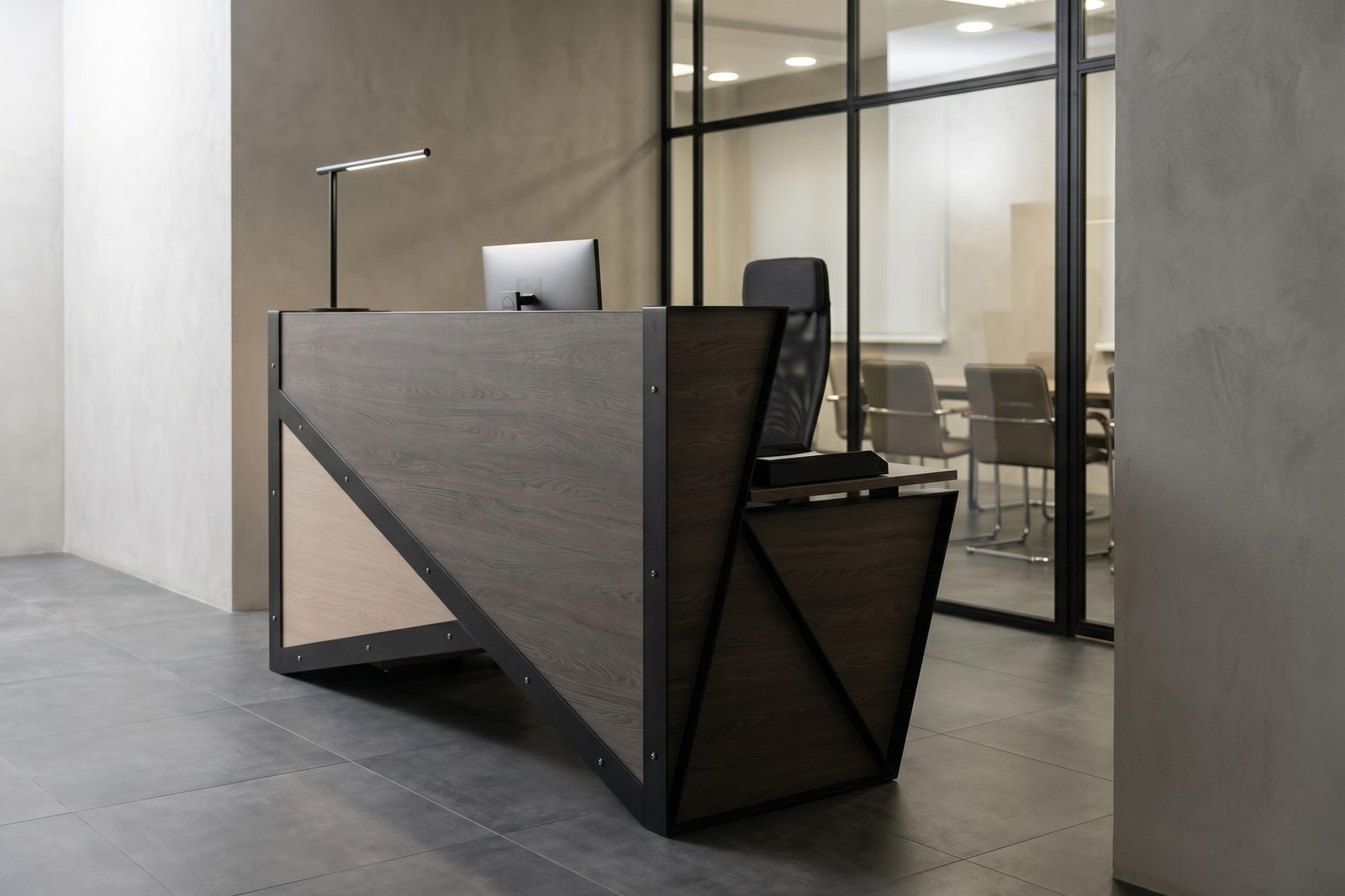 After: the same reception desk in a clean interior