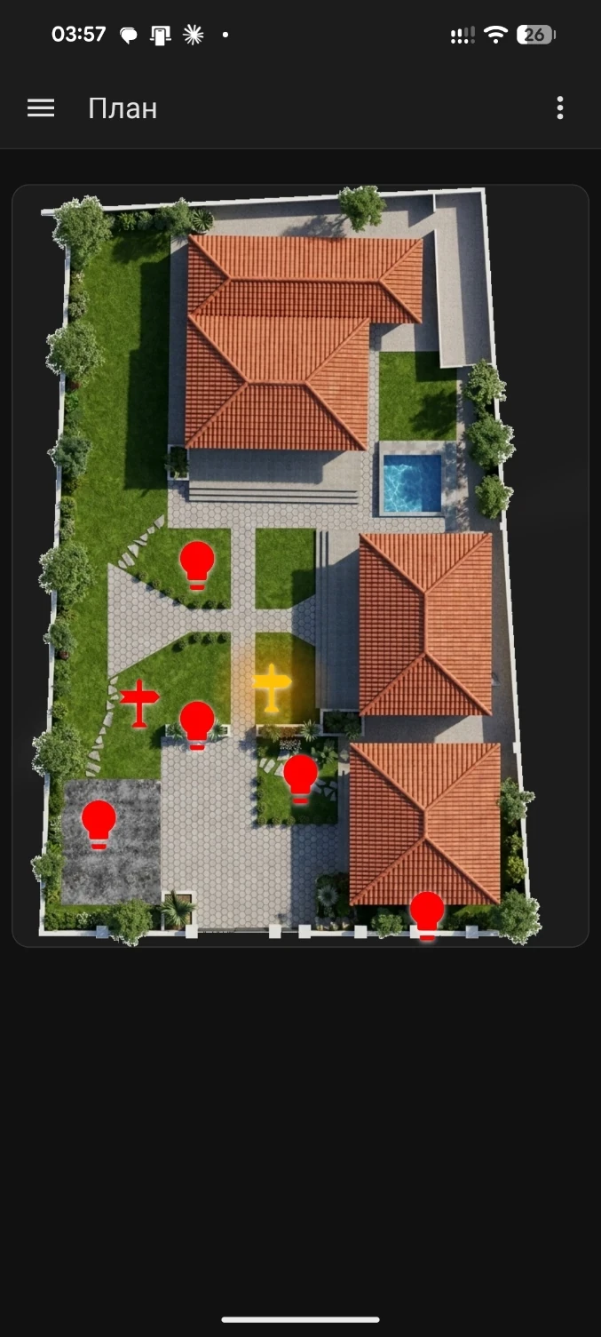 Home Assistant: site plan with lamp icons, one zone switched on